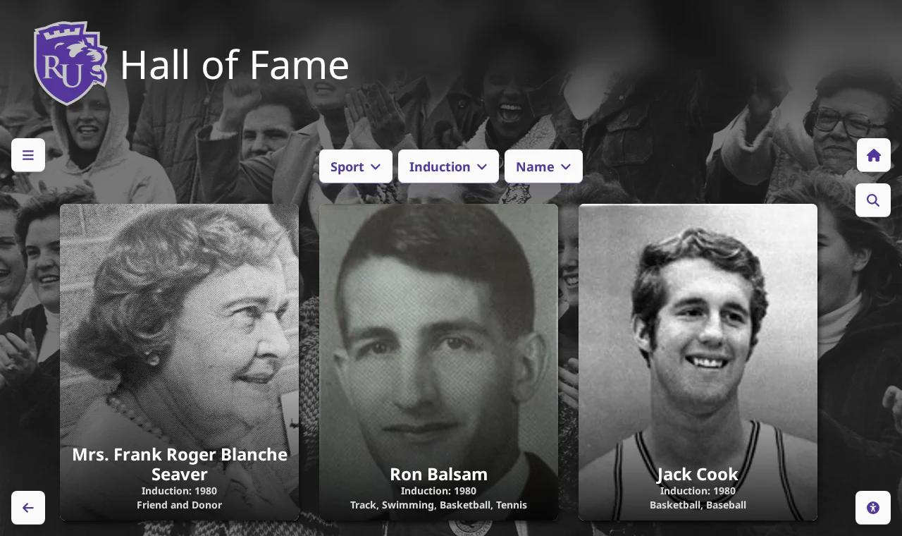 Rockford University’s Hall of Fame with Sport, Induction, and Name filters above portraits of Blanche Seaver, Ron Balsam, and Jack Cook.